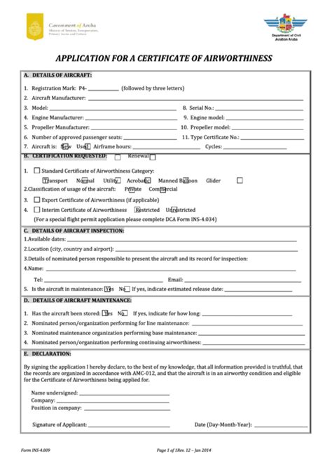 Fillable Application Form For A Certificate Of Airworthiness printable pdf download