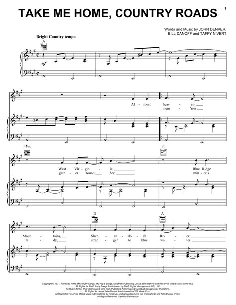 Download John Denver 'Take Me Home, Country Roads' Sheet Music, Chords ...