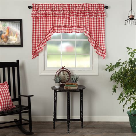 Country Red Farmhouse Kitchen Curtains Jenna Buffalo Check Rod Pocket ...