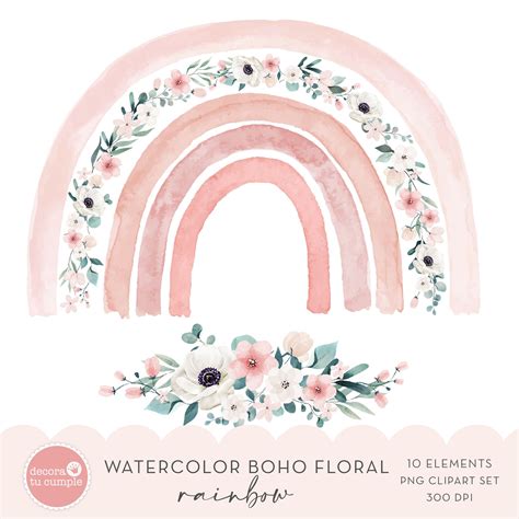 Boho Rainbow Floral Watercolor Clipart Set, Flowers Boho Rainbow, Pastel Dusty Pink, Nursery ...