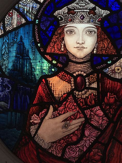 Painted stained glass window depicting Saint Elizabeth of Hungary. This is an adapted replica of ...
