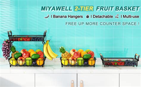 Miyawell Fruit Basket, 2 Tier Fruit Bowl with 2 Banana Hanger, Kitchen Countertop Rack ...