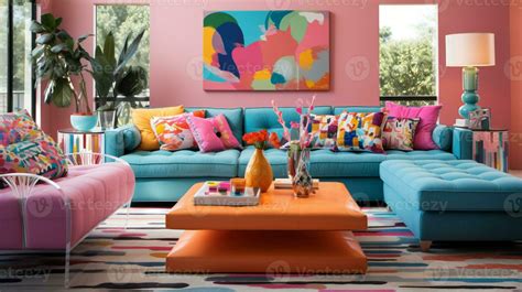 Furnished Modern Living room, bright blue and pink color palette, interior design, AI Generative ...