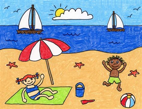 Easy How to Draw a Beach Tutorial Video and Beach Coloring Page | Scenery drawing for kids ...