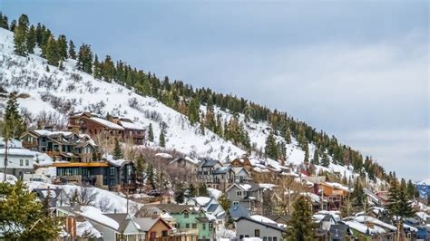 Panorama Colorful Cabins on a Mountain with Snow during Winter Season in Park City Utah Stock ...