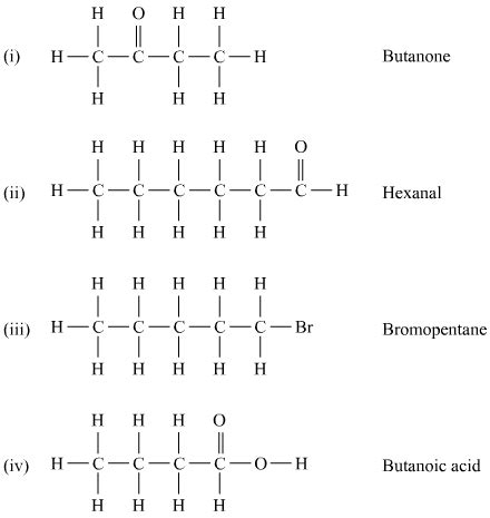 Draw the structure of th following : i Butanone ii Hexanal iii ...