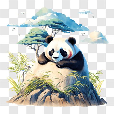 Download Panda Bear Resting on Rock with Birds and Trees in Background ...