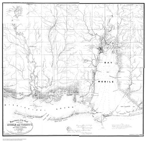 Mobile Bay - Gulf Shores Alabama - Historical Map - B&W – Nautical Chart Prints