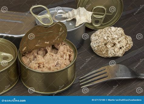 Tuna Cans on a Dark Wooden Table. Sales of Canned Fish. Diet Food Stock ...