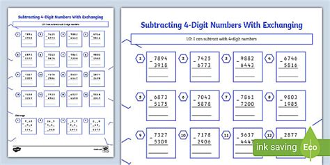 4-Digit Subtraction - Subtraction With Exchanging - Twinkl