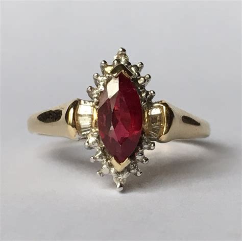 Vintage Ruby Ring. Diamond Halo. 14K Solid Yellow Gold Setting. Unique Engagement Ring. July ...