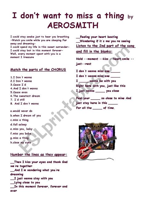 I DON´T WANT TO MISS A THING by Aerosmith - ESL worksheet by eguerrero