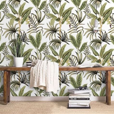 Wallpaper Palm leaves Tropical Wall Paper Peel and Stick or | Etsy