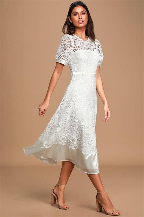 Pretty White Crochet Lace Dress - Puff Sleeve Midi Dress - Lulus