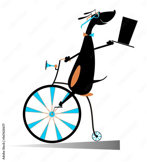 Cartoon dog rides a bike. Smiling dog rides a penny-farthing and looks healthy and happy Stock ...