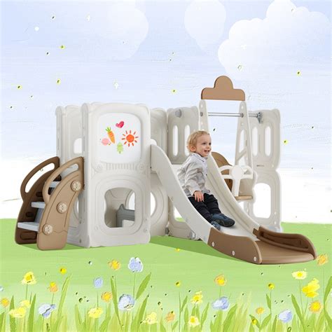 5 in 1 Toddler Slide and Swing Set, Kids Playground Climber Slide Playset with Drawing ...