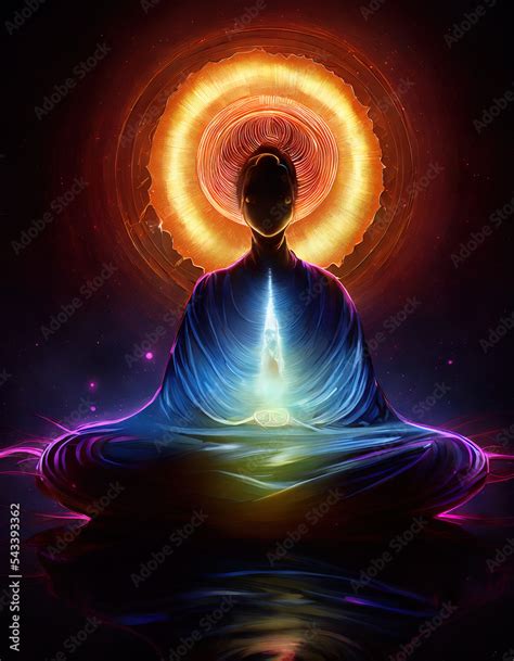 Meditation in the center of oneself, soul one with the universe, energy ...