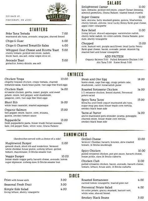 Menu at Maplewood Kitchen and Bar, Cincinnati, 525 Race St