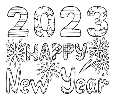 Premium Vector | Coloring book Happy New Year 2023 Hand drawn line art Festive black white ...