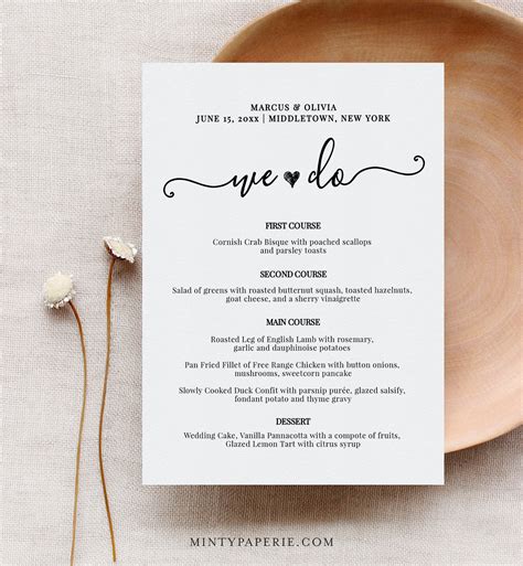 Wedding Menu Card Template, We Do, Printable Dinner Menu, Heart Menu ...