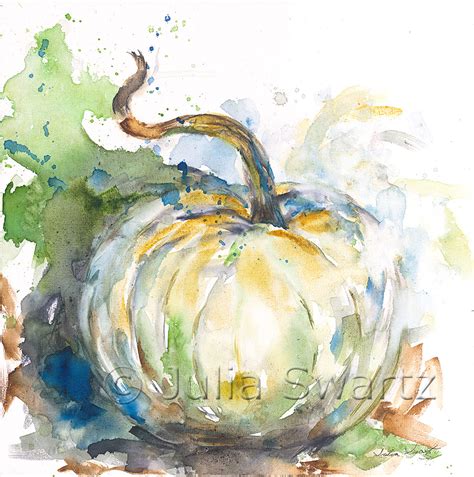 Silver Moon Harvest - Pumpkin watercolor painting - Julia Swartz Art Gallery