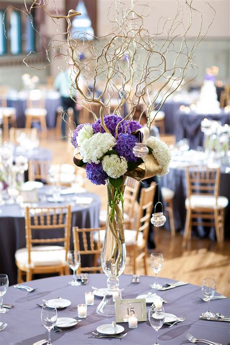 Tall, Purple, Hydrangea Centerpieces with Branches | Wedding flower ...