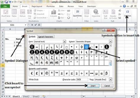 Special Symbols in Excel 2010