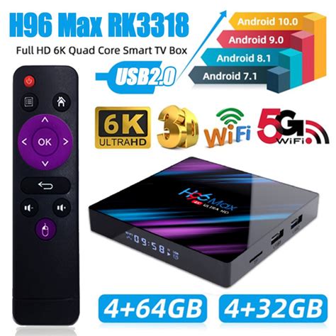 Android 10.0 Smart TV Box,H96 Max RK3318 4GB Ram 32GB/64GB Dual Band WiFi with Bluetooth TVBox ...