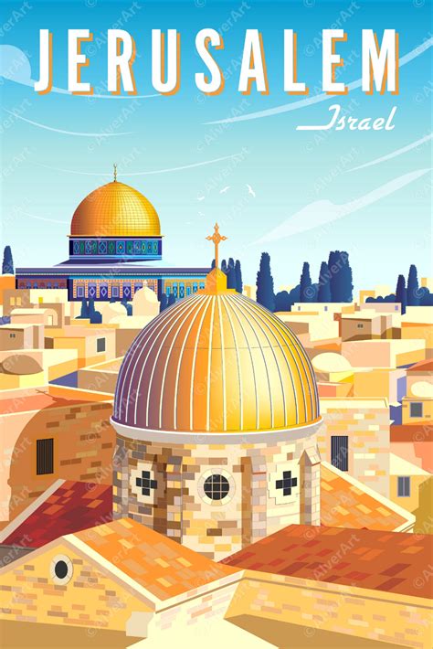 Israel Jerusalem Poster, Israel Wall Art, Cityscape Church Mosque Retro Decor Europe Print ...