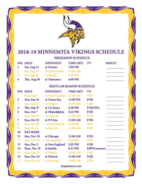 Printable 2018-2019 Minnesota Vikings Schedule