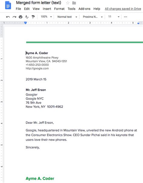 Mail merge with Docs API | Google Docs | Google for Developers