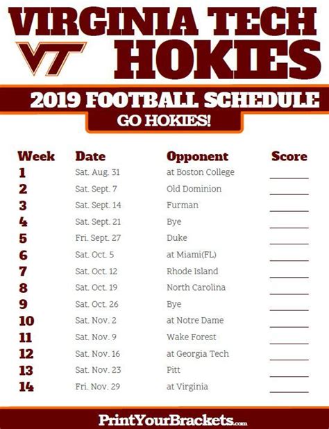 Printable 2019 Virginia Tech Hokies Football Schedule | Hokies ...