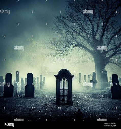 Haunted dark graveyard at night Halloween background digital art Stock ...