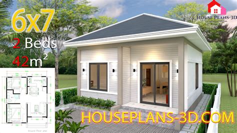 Simple House Plans 6x7 with 2 bedrooms Hip Roof - House Plans S