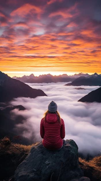 Premium AI Image | a woman on top of a mountain peak with view of clouds and sunrise