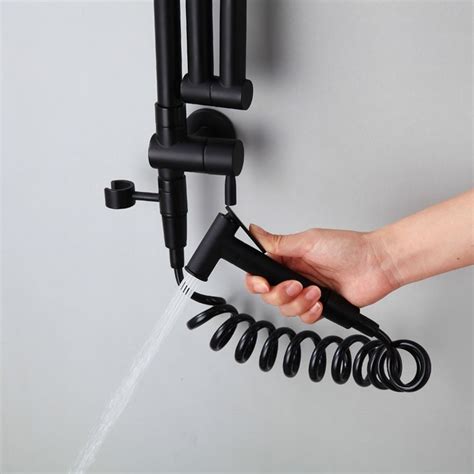 Black Wall Mounted Pot Filler Kitchen Tap with Hand Spray - Decoratormall