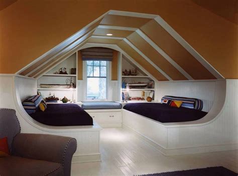 built in attic furniture two twin beds window seat orange tan wall | Interior Design Ideas