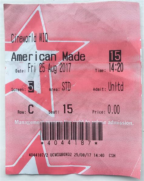 Abandoned Tickets: 28/08/17: American Made, Cineworld West India Quay, £0