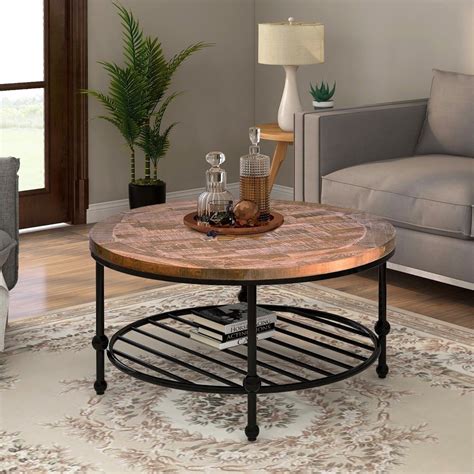 Merax Rustic Natural Round Coffee Table with Storage Shelf - Bed Bath ...