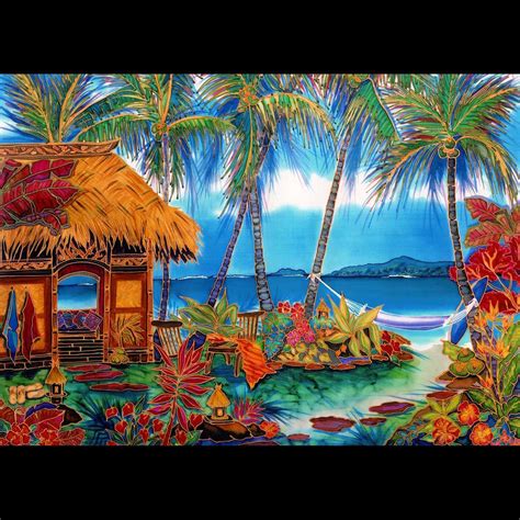 a painting of a hut on the beach with palm trees and water in the ...