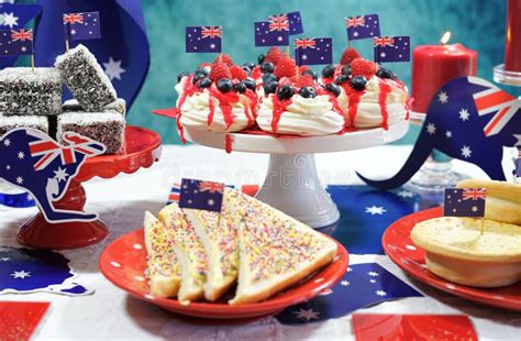 Australian Theme Party Table with Flags and Iconic Food Stock Photo ...