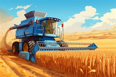 Premium AI Image | arafed blue combine harvester in a wheat field with ...