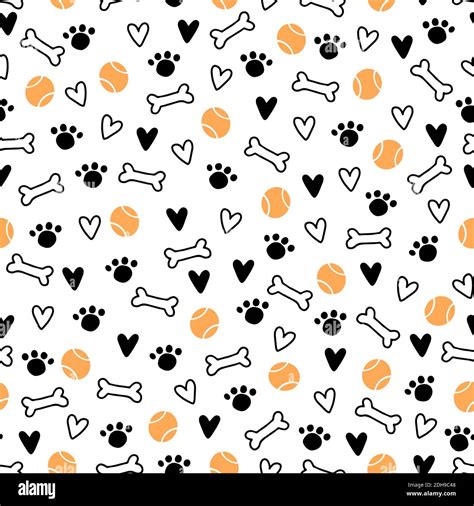 Seamless pattern of cute dog puppy symbol, toy, paw, footstep. Cartoon funny and happy dog ...