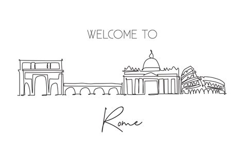 Single continuous line drawing of Rome city skyline, Italy. Famous Roma skyscraper landscape ...