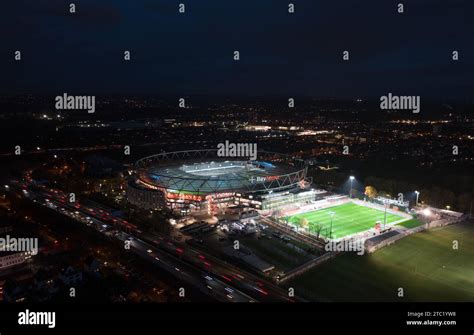 Leverkusen, North Rhine-Westphalia, Germany - November, 2023: Aerial night panorama view of the ...