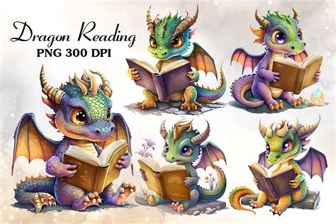 Dragon Reading Book Sublimation Clipart Graphic by Cat Lady · Creative Fabrica