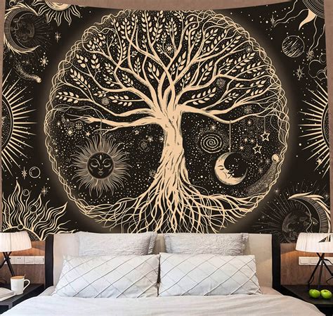 でのお AACKart Tree of Life Tapestry for Bedroom Aesthetic Room Decor-Black and White Tapestry Sun ...