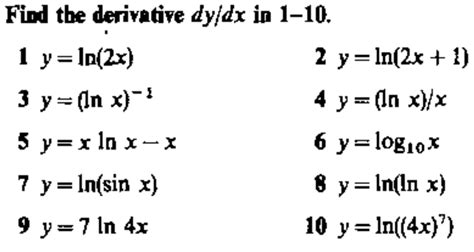 Solved Find the derivative dyjdx in 1-10. 1 y-ln(2>x) 3 | Chegg.com