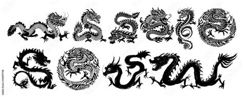 Traditional Chinese Dragon. Set of Chinese character translate dragon, vector illustration. Hand ...