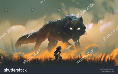 Hunter Bow Facing Giant Wolf Fire Stock Illustration 2278837667 ...